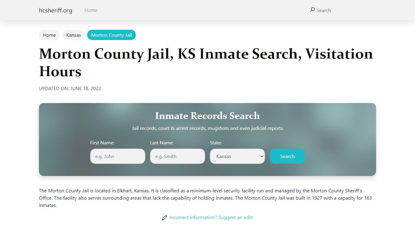 Morton County Jail, KS Inmate Search, Visitation Hours